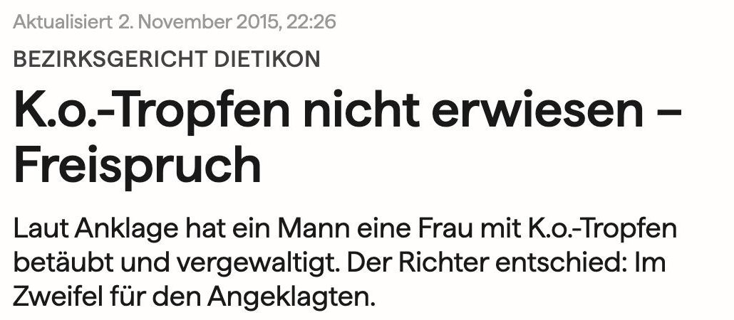 Schlagzeile «K.o.-Tropfen nicht erwiesen: Freispruch», 20 Minuten, 2. November 2015