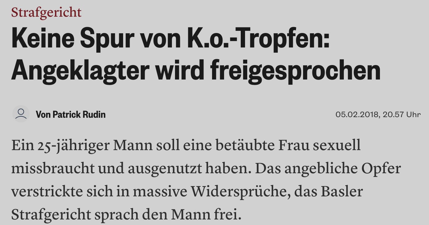 Schlagzeile «Keine Spur von K.o.-Tropfen: Angeklagter wird freigesprochen», bz Basel, 5. Februar 2018